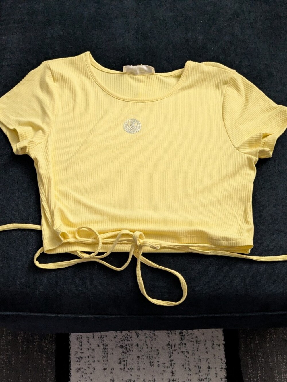 NWOT! No Comment Yellow Crop Top w/ Rhinestone Emoji & Ties